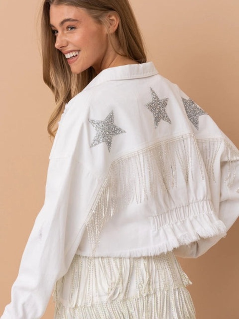 Nashville Boutique White Fringed Jacket with Silver Star Accents